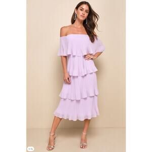 Lulus NEW Gala Ready Lavender Off-the-Shoulder Ruffle Midi Dress Tiered Sz L